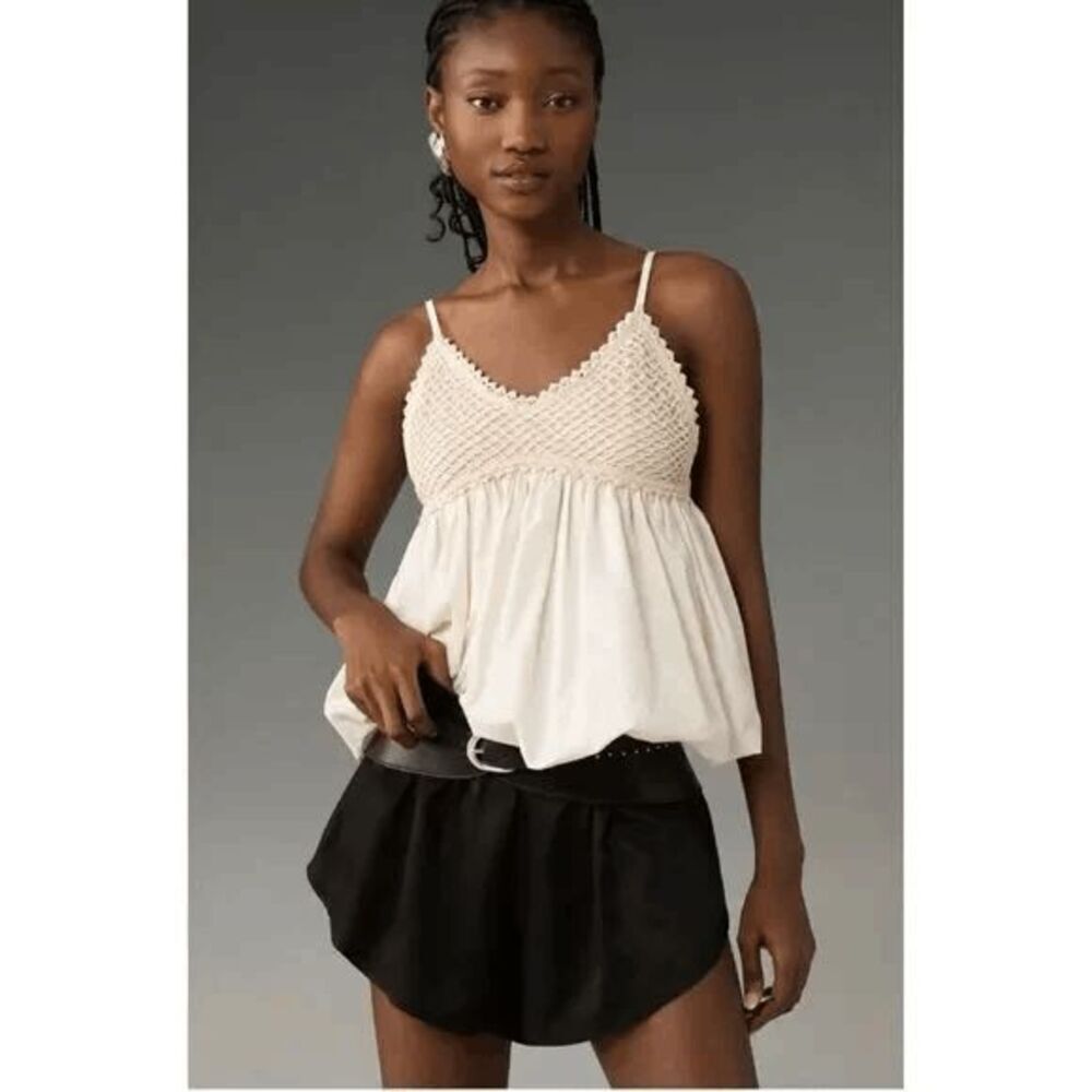 By Anthropologie Beige Crochet Knit Bubble Hem Tank Top Women's Size Large